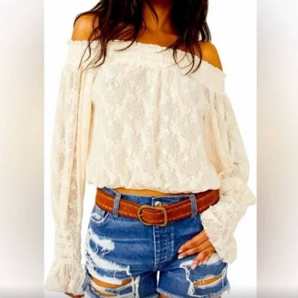 Free People Cream Lace Off-Shoulder Top